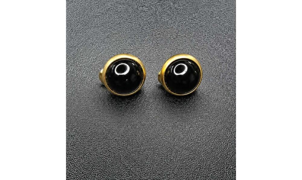 Vintage Monet black cabochon gold tone button clip on earrings